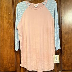 LuLaRoe Randy Soft Pink with Blu/White Stripes Sleeves Raglan Tee